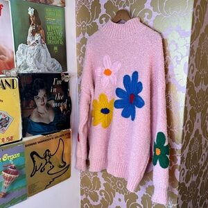 Floral Pink Sweater with embroidered flowers oversized size XL
